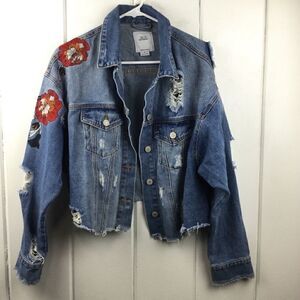 Iris‎ Denim Jacket Embroidered Distressed Dark Blue Jean Cropped Patch, Size S